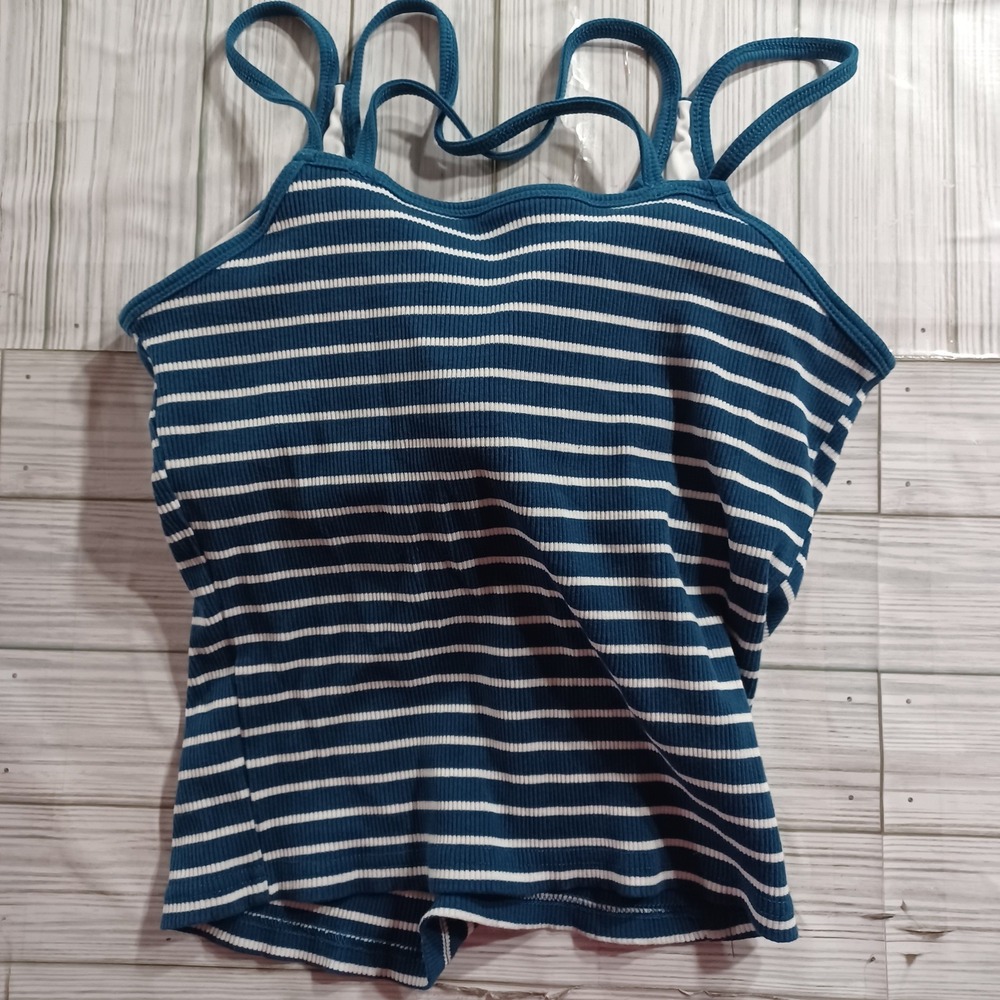 Blue White Striped Ribbed Knit Camisole Tank Top Women Medium Spaghetti Strap